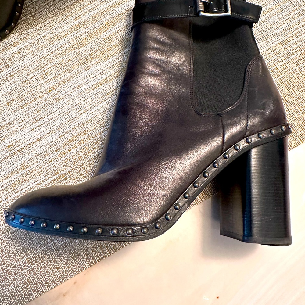 Rag and Bone 3 inch block heel bootie with silver stud trim and buckle